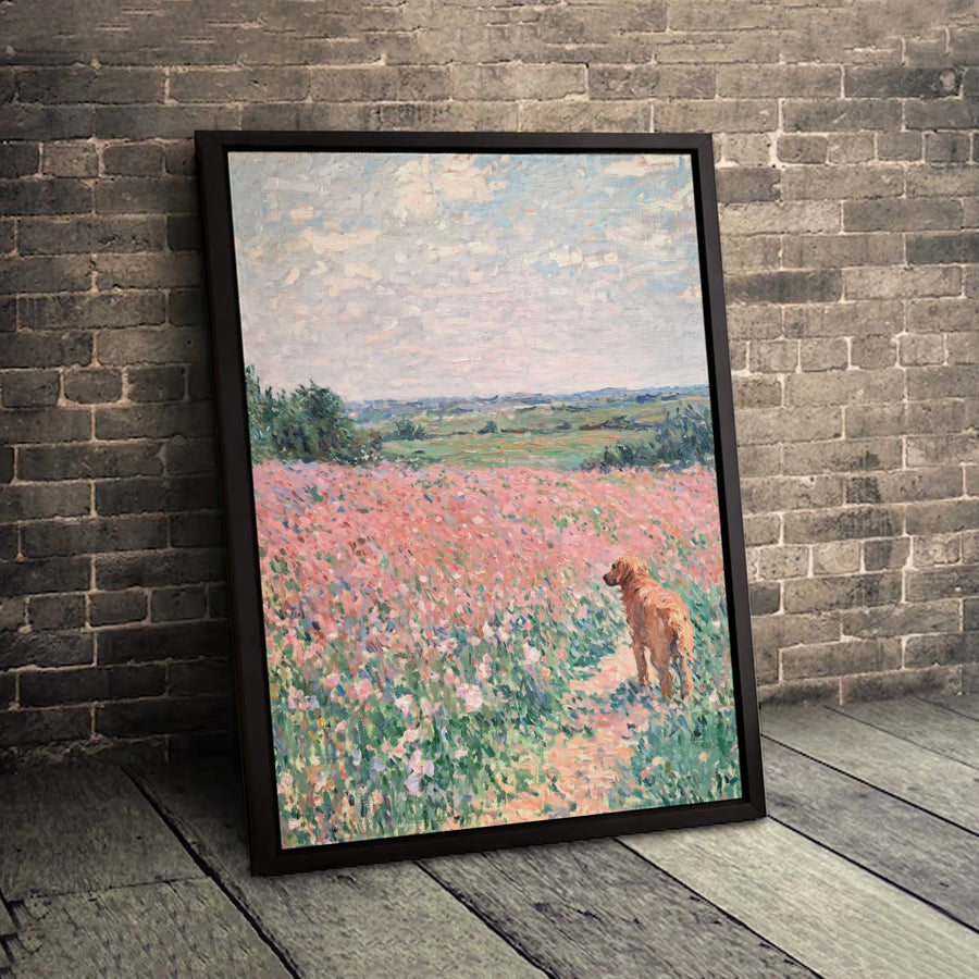 Golden Retriever Painting Canvas | Impressionist Floral Meadow Art | Gallery Quality Premium Print | Dog Lover Home Decor Gift
