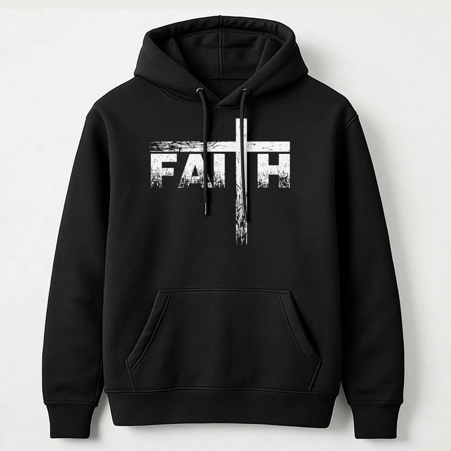 Faith Hoodie | Christian Cross Distressed Graphic Print | Premium Cotton Blend Pullover | Religious Gift for Men and Women