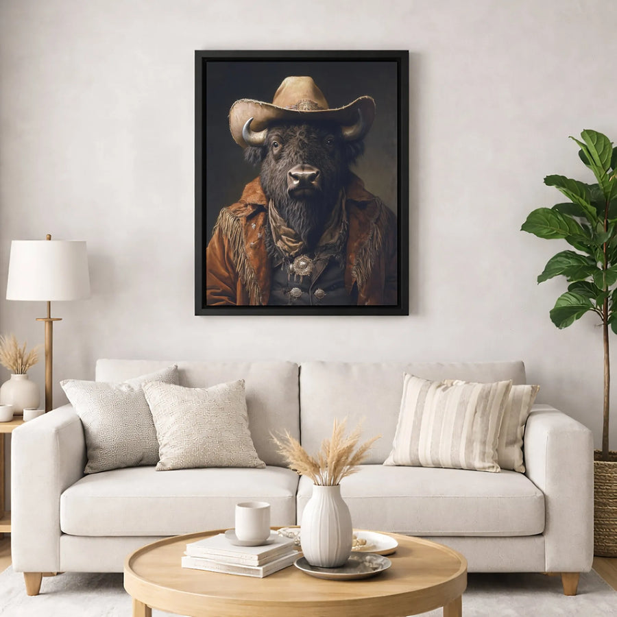 Western Bison Cowboy Canvas Print | Anthropomorphic Buffalo Portrait | 1.25 Inch Gallery Wrap | Rustic Farmhouse Wall Decor Gift