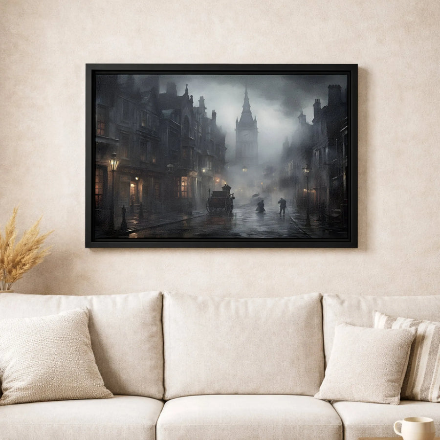 Victorian London Wall Art | Rainy Street Moody Cityscape | Premium Gallery Wrapped Canvas | Historical Home Decor Gift