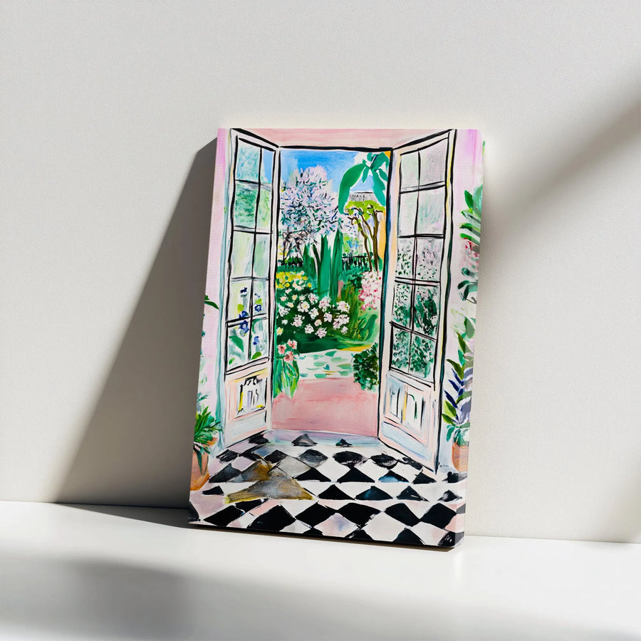 Fauvism Style Open Window Vertical Canvas | Colorful Garden View Art Painting with Checkered Floor | 1.25 Inch Gallery Wrap Premium Wall Decor | Aesthetic Gift for Art Lovers