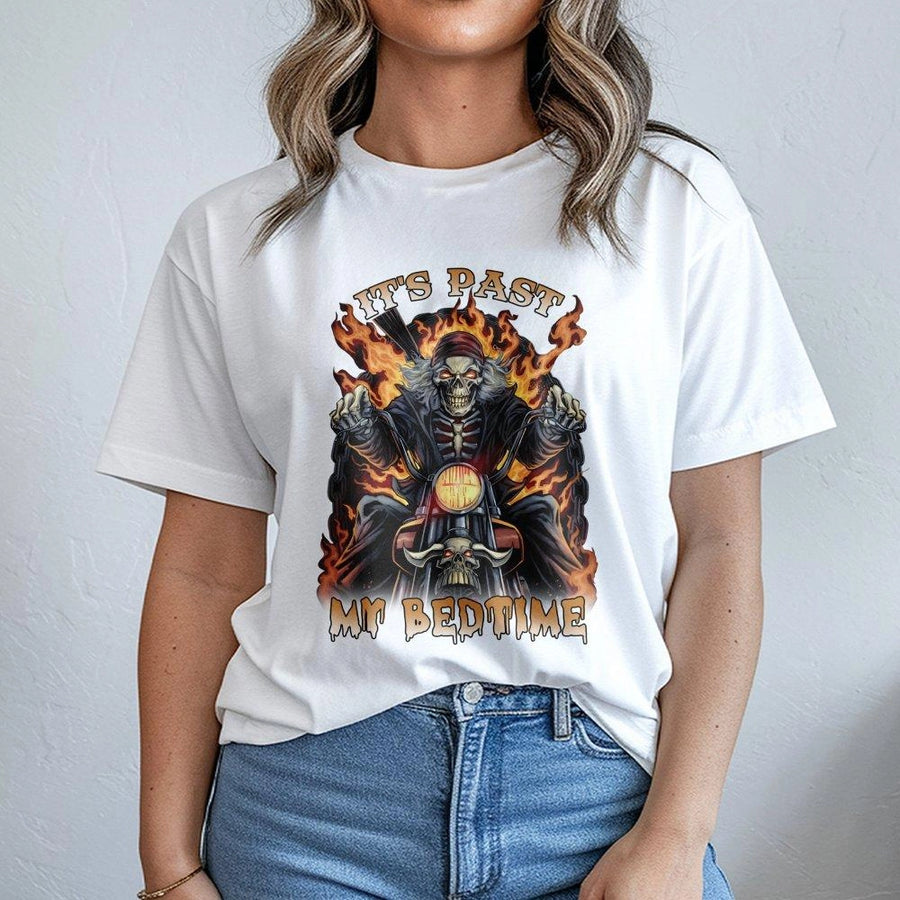 It's Past My Bedtime Biker T-Shirt | Flaming Skeleton Motorcycle Graphic | Premium 100% Cotton Tee | Funny Biker Gift for Men & Women