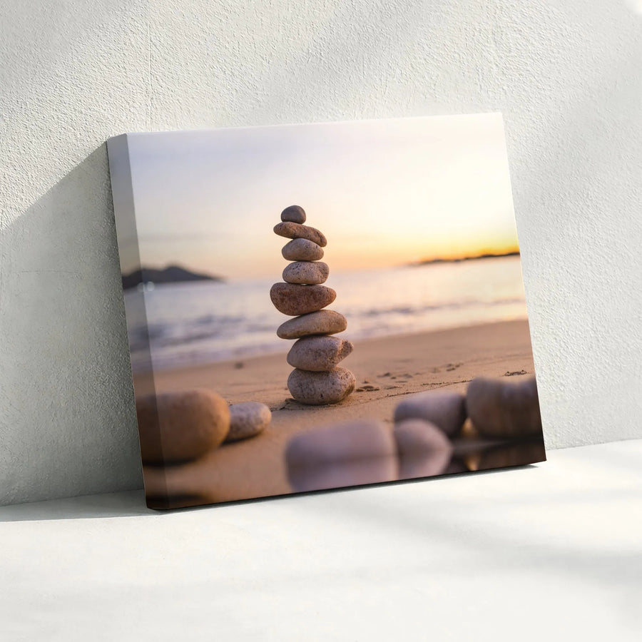 Zen Stone Stack Canvas Print | Balanced Rock Beach Sunset Art | Premium Gallery Wrapped Wall Decor | Serene Home Office Living Room Gift