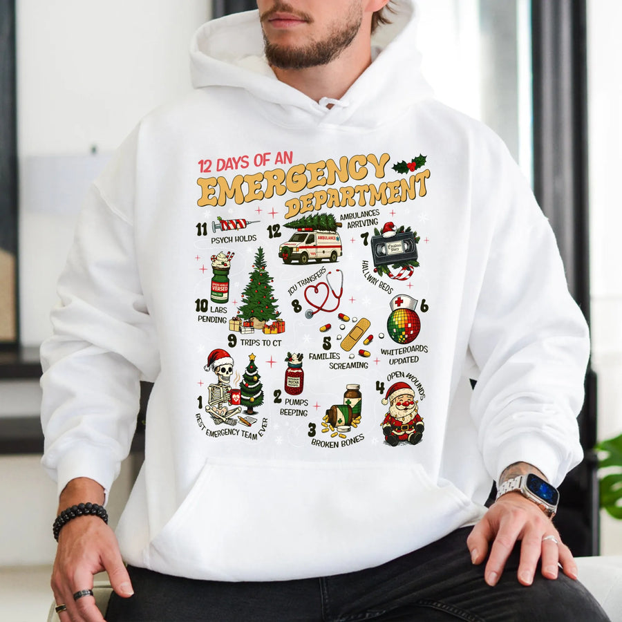12 Days of Emergency Department Hoodie | Funny ER Nurse Christmas Sweater Design | Premium Cotton Blend | Gift for Doctors & Medical Staff