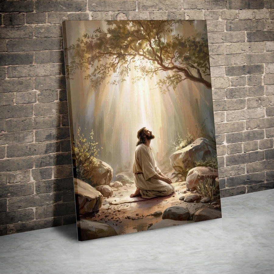 Jesus Kneeling in Prayer Wall Art | Divine Light Garden Forest Canvas | Gallery-Quality Christian Decor | Religious Home Gift for Believers