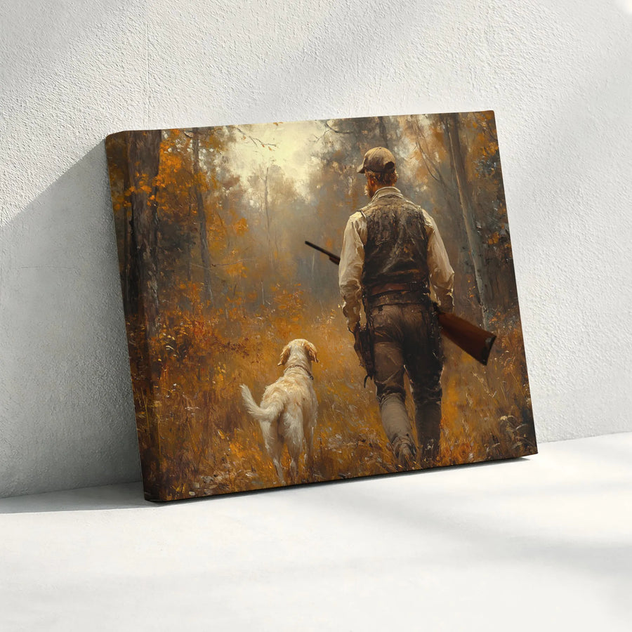 Hunter and Labrador Canvas Wall Art | Autumn Forest Hunting Scene | Premium Gallery-Wrapped Print | Cabin Decor Gift for Sportsmen