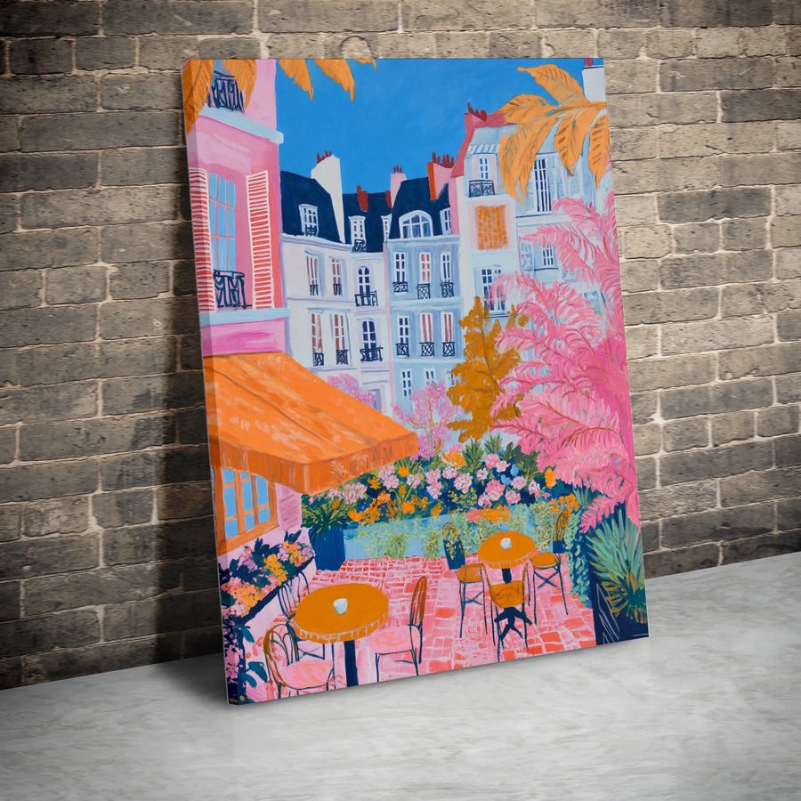 Parisian Cafe Canvas Wall Art | Colorful European Street Scene Painting | Premium Gallery Wrap Print | Living Room Decor Gift for Traveler