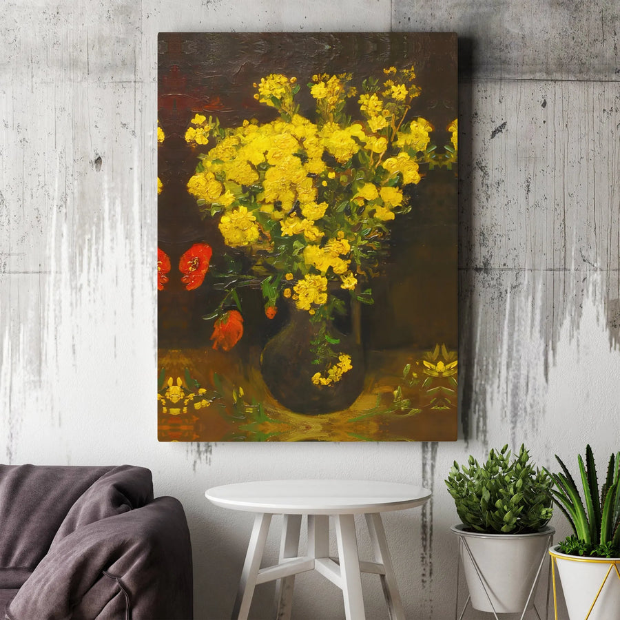 Yellow Flower Still Life Canvas | Impressionist Floral Oil Painting Style | 1.25-Inch Gallery Wrap Premium Print | Classic Home & Office Decor