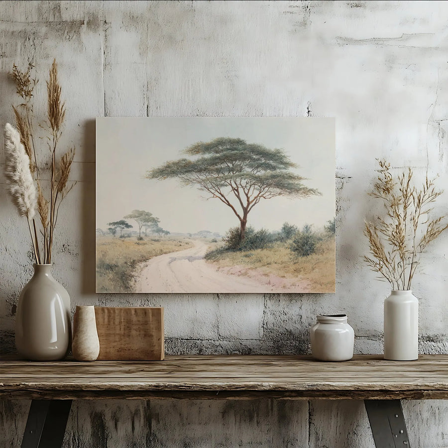 African Savanna Landscape Canvas | Watercolor Acacia Tree Art | Premium Gallery Wrapped Wall Decor | Minimalist Nature Print Gift for Home Office