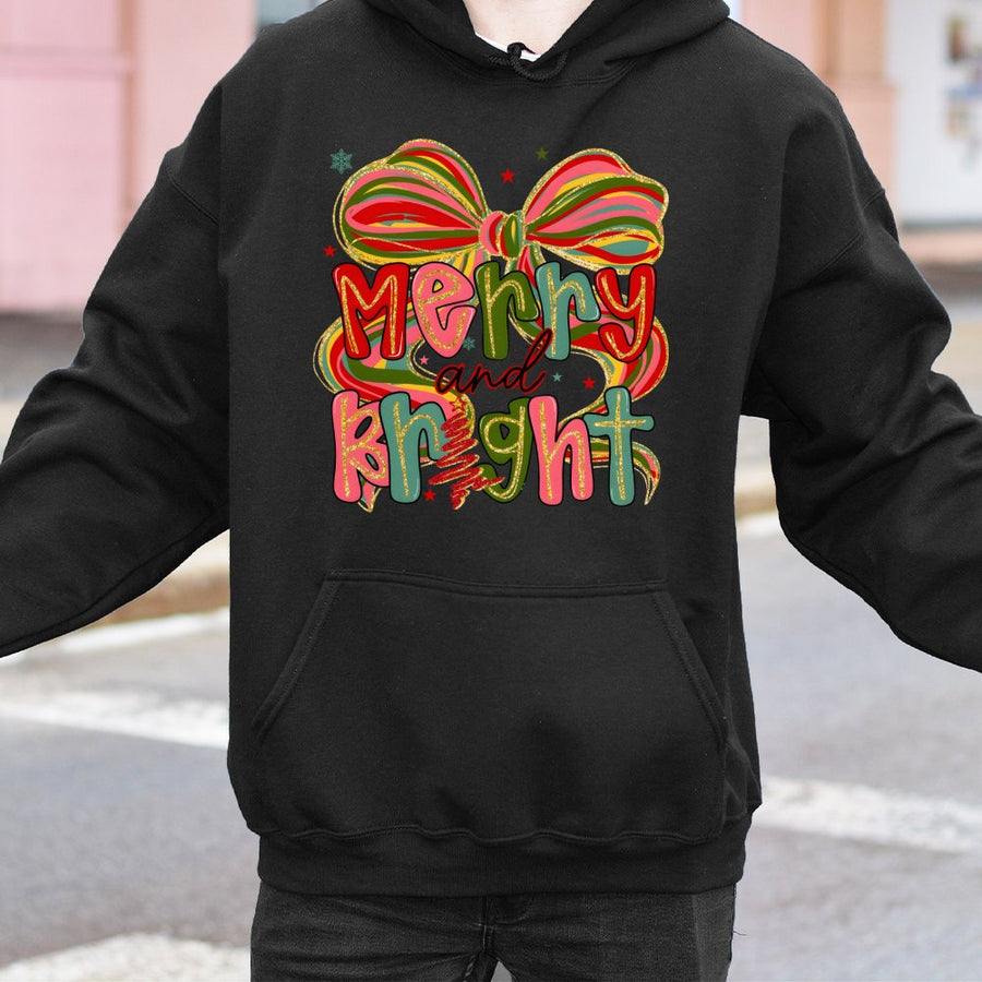 Merry and Bright Hoodie | Coquette Christmas Bow Graphic | Soft Cotton-Polyester Blend | Trendy Holiday Gift for Women and Girls