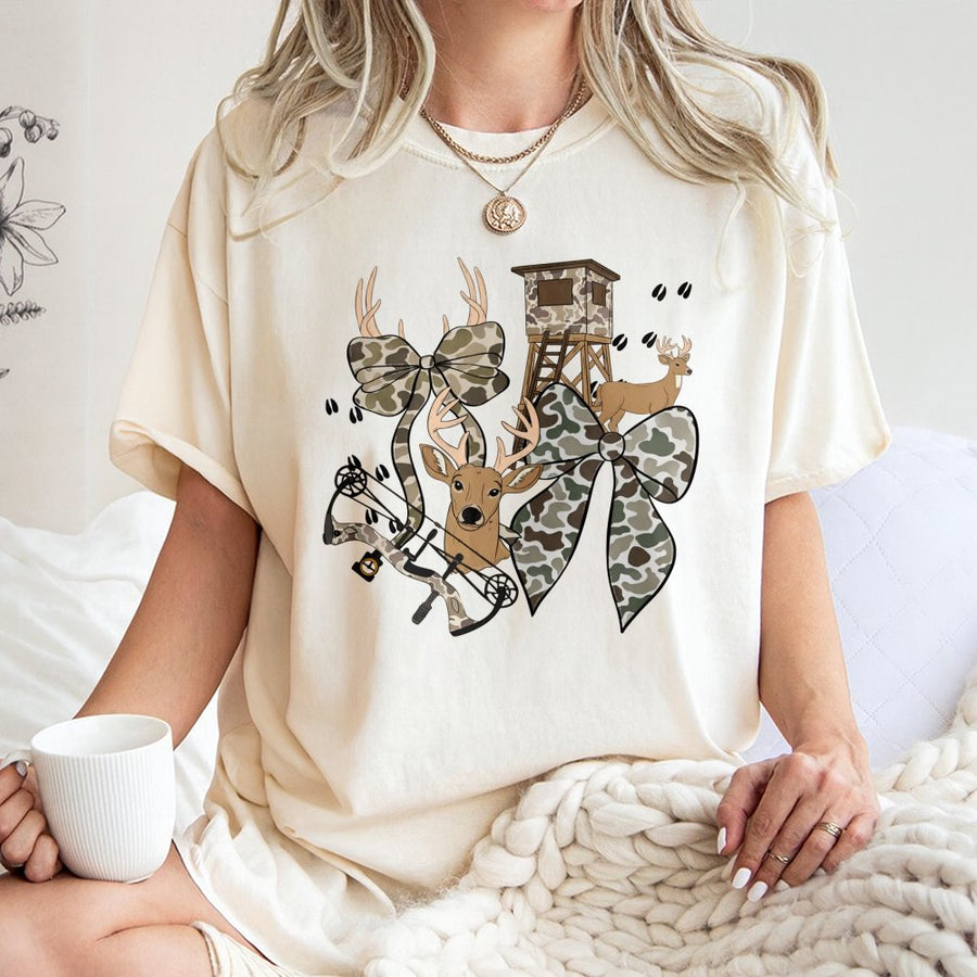 Hunting Season T-Shirt | Camo Bow and Deer Antler Graphic | Premium 100% Cotton | Wildlife Outdoors Gift for Hunters