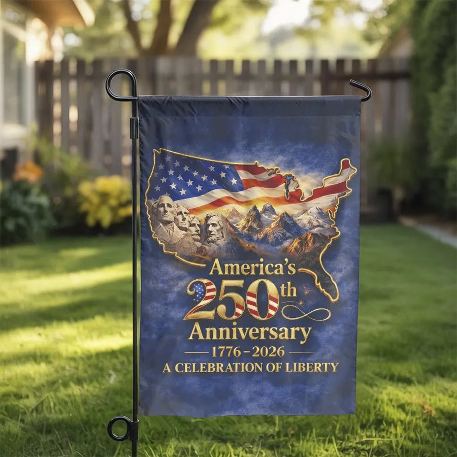 America 250th Anniversary Garden Flag | Mount Rushmore Celebration of Liberty Design | Double-Sided Weather-Resistant Polyester | Commemorative Patriotic Yard Decor Gift