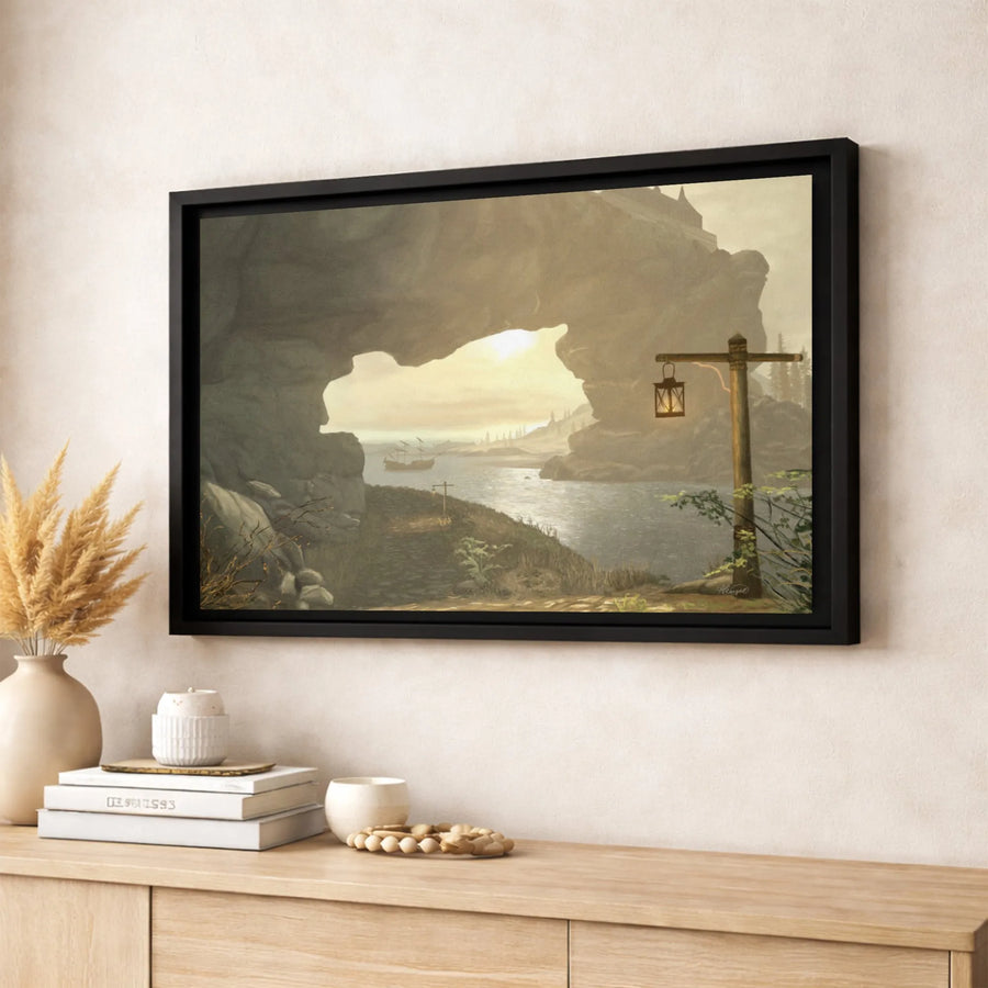 Fantasy Coastal Landscape Canvas | Rock Arch Ocean View with Lantern | Premium Gallery-Wrapped Print | Wall Decor Gift for Fantasy Lovers