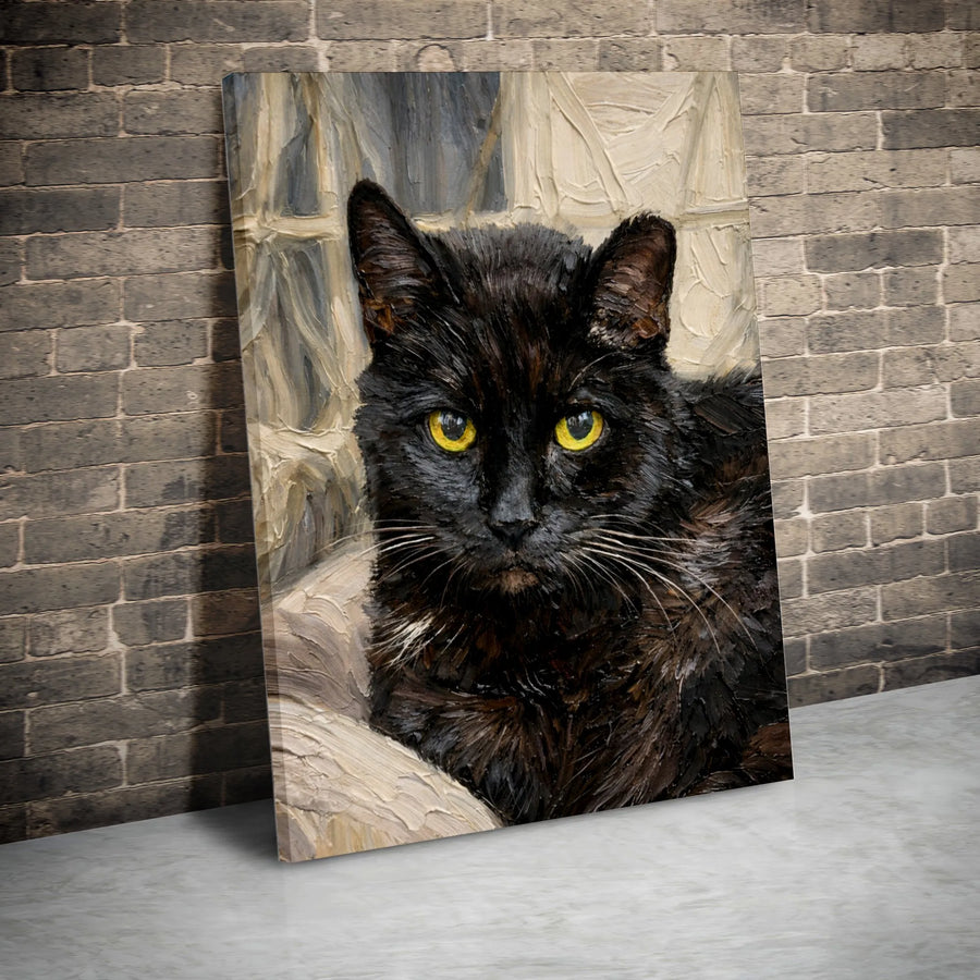 Black Cat Canvas Wall Art | Textured Oil Painting Style Portrait | Premium Gallery Wrapped Canvas | Collector's Gift for Cat Lover