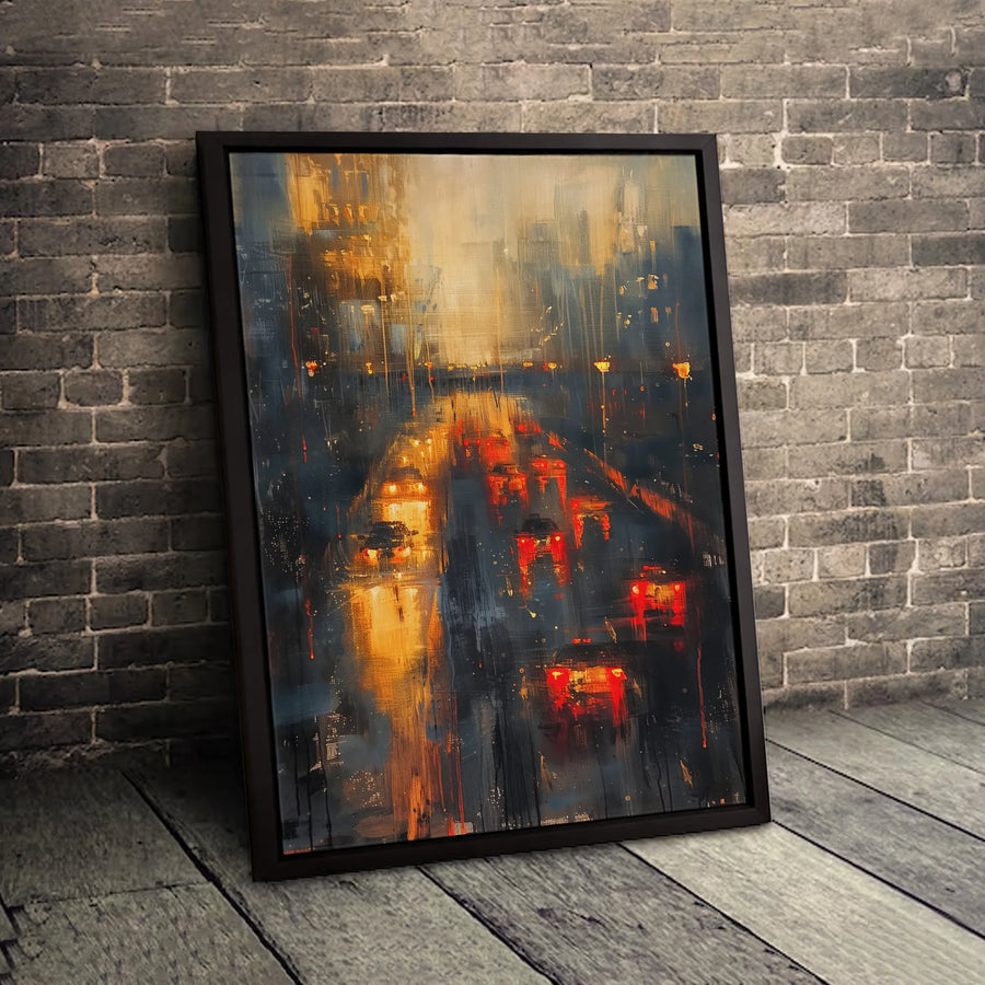 Night City Traffic Canvas Wall Art | Rainy Street Abstract Print | 1.25-Inch Gallery Wrap | Modern Home Decor Gift