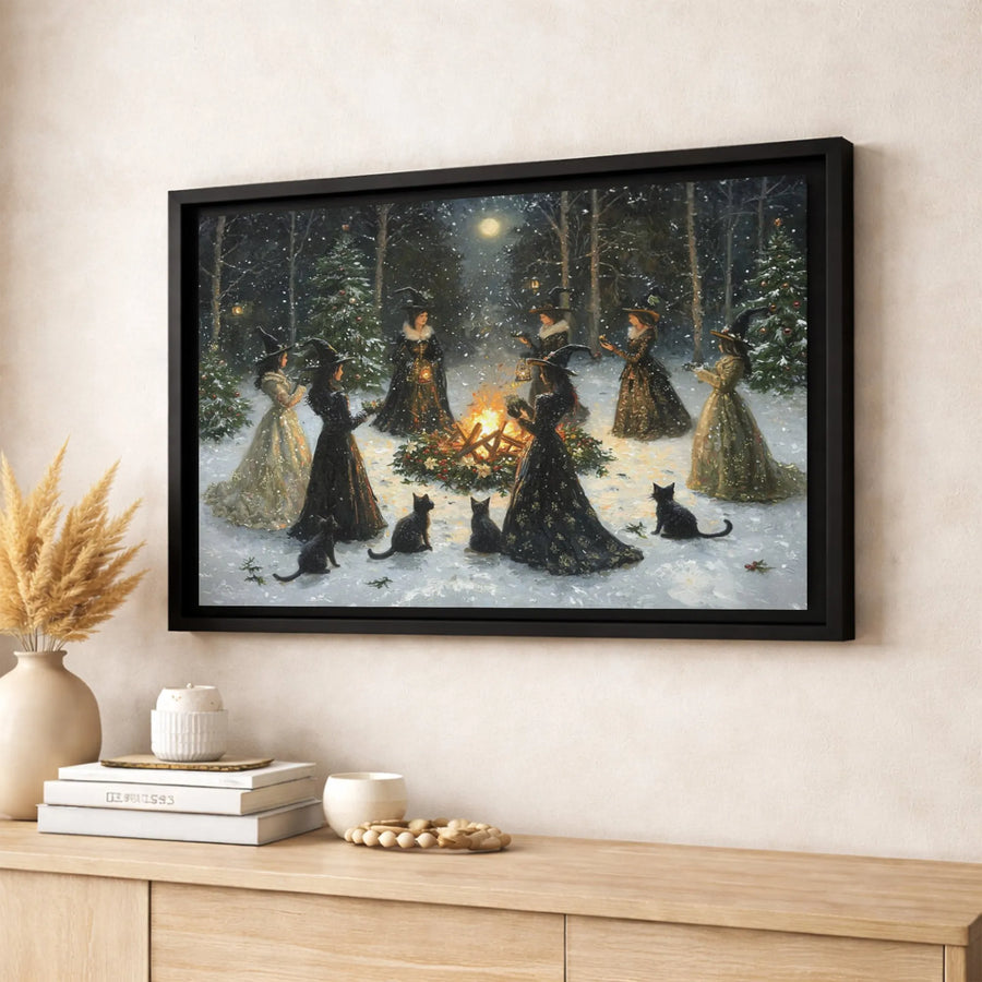 Witches Coven Yule Canvas Print | Magical Snowy Forest Bonfire Wall Art | Gallery Quality Premium Decor | Gothic Witchy Christmas Gift for Home