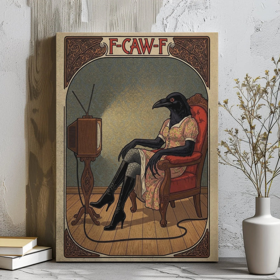 Crow Woman Wall Art | F-Caw-F Surreal Bird Print | Premium Gallery Wrap Canvas | Unique Home Decor Gift for Bird Lovers