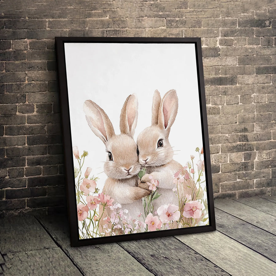 Watercolor Bunny Rabbit Wall Art | Cute Animal Cuddling Print | Premium Fade-Resistant Gallery Canvas | Nursery Decor Gift