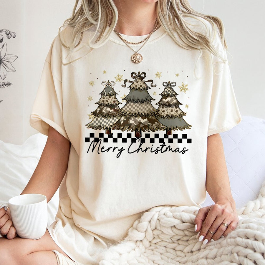 Merry Christmas Tree T-Shirt | Camo Checkerboard Coquette Aesthetic | Premium 100% Cotton Tee | Gift for Her Holiday Party Outfit