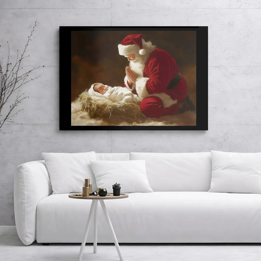 Santa Kneeling At Manger Canvas | Religious Christmas Wall Art | Premium Gallery Wrap Decor | Meaningful Nativity Gift for Home