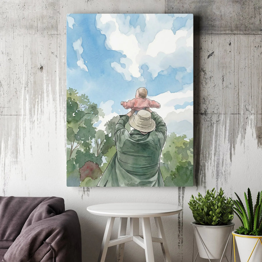 Father and Child Canvas Print | Watercolor Style Family Portrait | Premium Fade-Resistant Canvas | Nursery Wall Decor & New Dad Gift