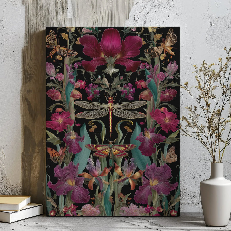 Dragonfly Canvas Wall Art | Vintage Botanical Floral Illustration | Premium Gallery Wrap Print | Dark Academia Home Decor Gift