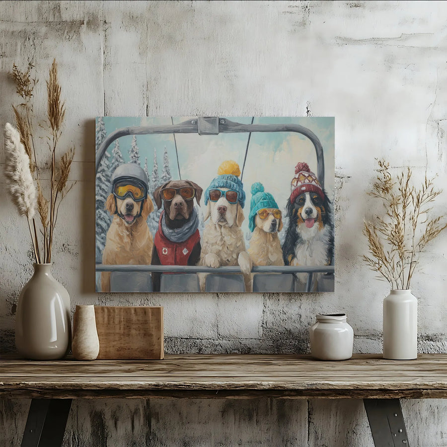 Skiing Dog Wall Art | Funny Dogs on Ski Lift Painting | Premium Gallery Wrap Canvas | Whimsical Winter Home Decor Gift
