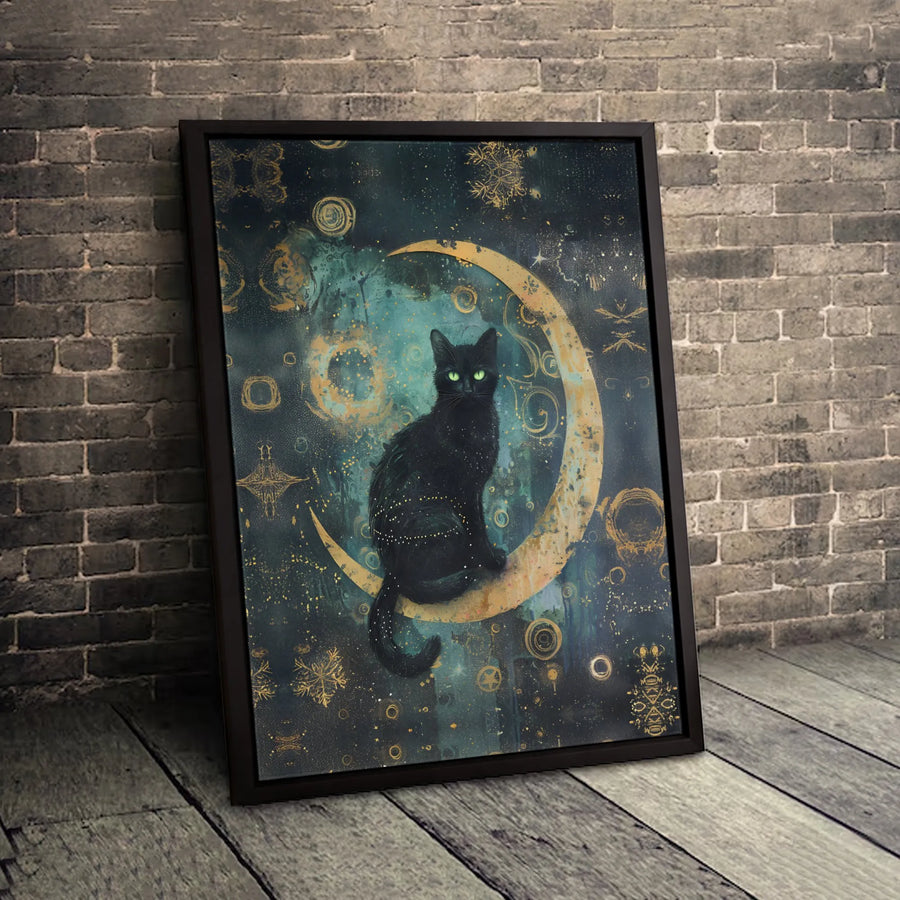 Mystical Black Cat Canvas Art | Celestial Crescent Moon Design | Premium Gallery-Wrapped Print | Witchy Home Decor Gift