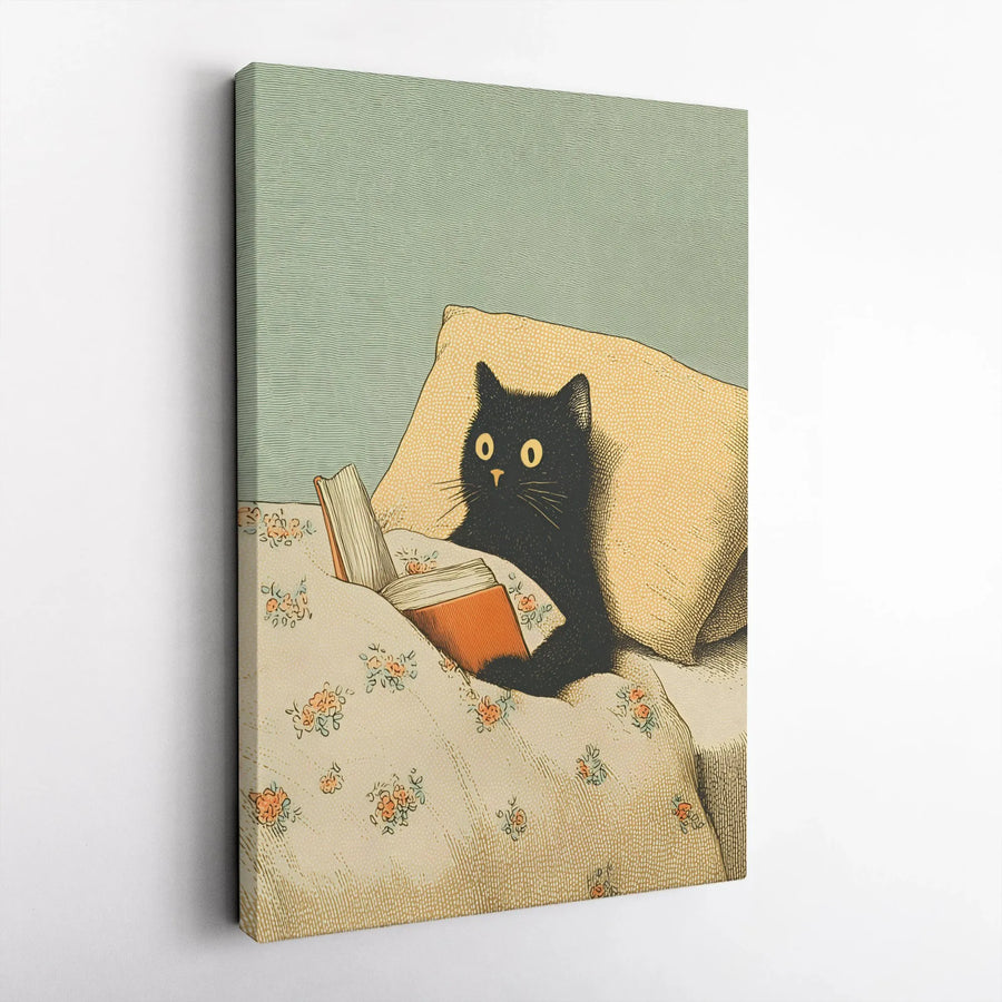 Black Cat Reading Canvas Art | Vintage Illustration Print | Premium Gallery Wrapped Canvas | Gift for Book Lover and Cat Mom