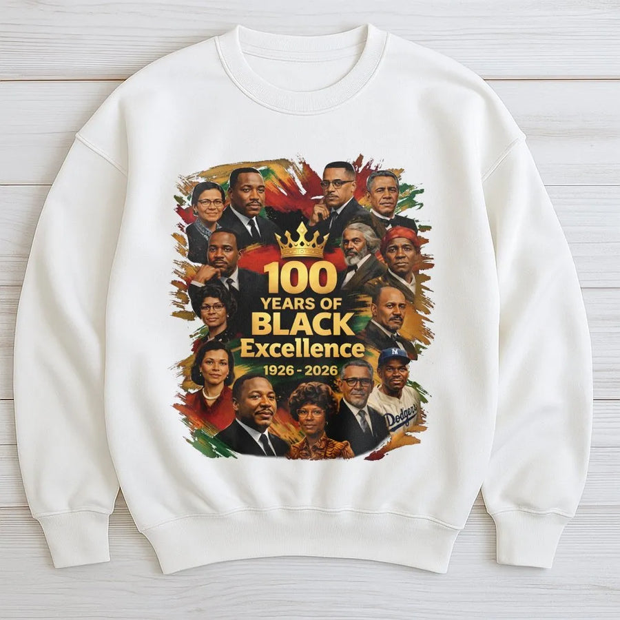 100 Years Of Black Excellence Sweatshirt | African American History Icons Graphic | Premium Cotton Blend | Black History Month Pride Gift