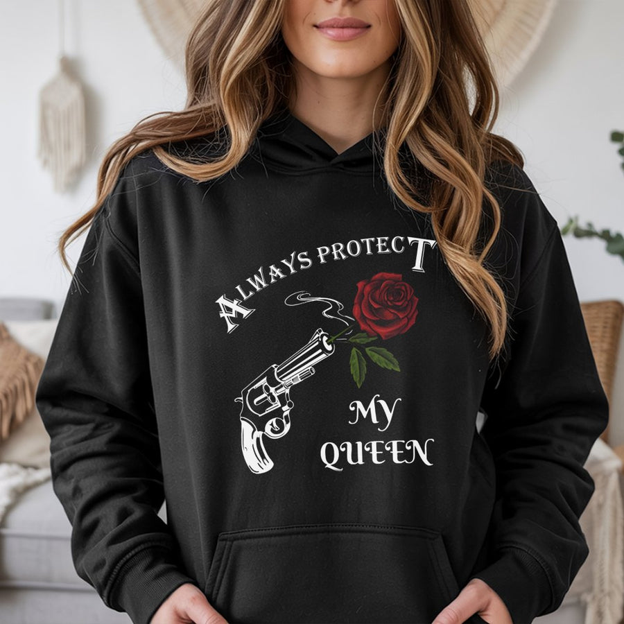 Always Protect My Queen Hoodie | Romantic Gun and Rose Graphic Design | Premium Cotton Blend Unisex Pullover | Anniversary Gift for Couples