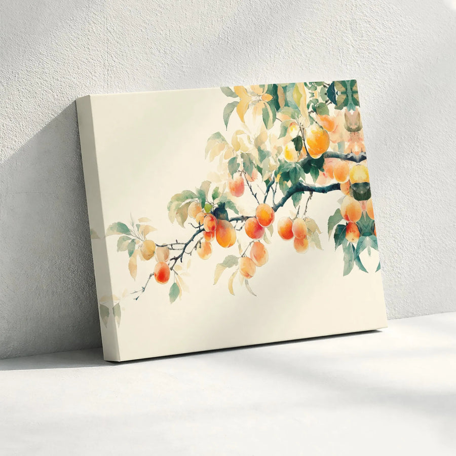 Watercolor Apricot Branch Canvas Art | Minimalist Botanical Fruit Painting | Premium Fade-Resistant Print | Modern Farmhouse Kitchen Decor Gift