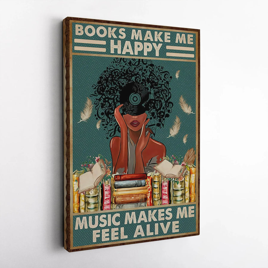 Books Make Me Happy Music Makes Me Feel Alive Canvas | Black Woman Afro Vinyl Hair Art | Premium Gallery Wrapped Wall Decor | Gift for Readers & Music Lovers