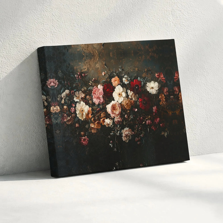 Vintage Dark Floral Wall Art | Moody Still Life Botanical Print | Premium Gallery Wrapped Canvas | Elegant Home Office Decor Gift