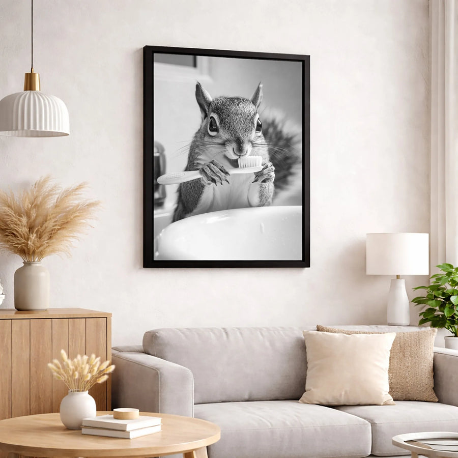 Funny Squirrel Brushing Teeth Canvas Art | Whimsical Bathroom Animal Photography | Premium 1.25-Inch Gallery Wrap | Quirky Gift for Bathroom Decor