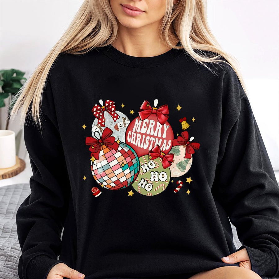 Retro Christmas Ornaments Sweatshirt | Disco Ball Holiday Graphic | Soft Cotton-Poly Blend | Festive Coquette Bow Gift for Women