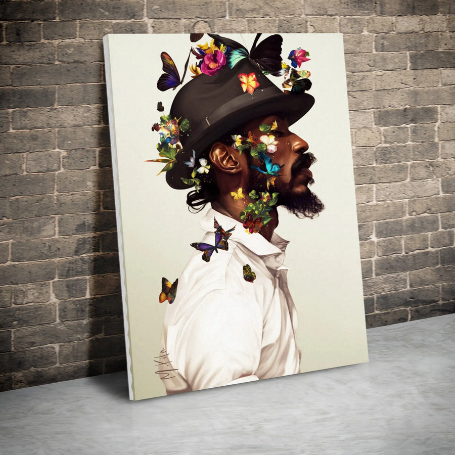 Black Man Art Canvas Print | Surrealist Portrait with Butterflies and Flowers | 1.25" Gallery Wrap | Modern Home Decor Gift