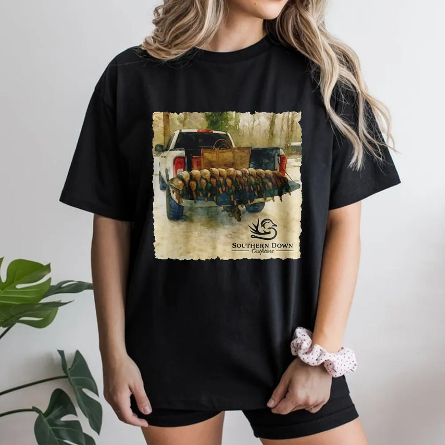 Duck Hunting T-Shirt | Watercolor Pickup Truck Art | Premium 100% Cotton | Outdoor Sports Gift for Hunters