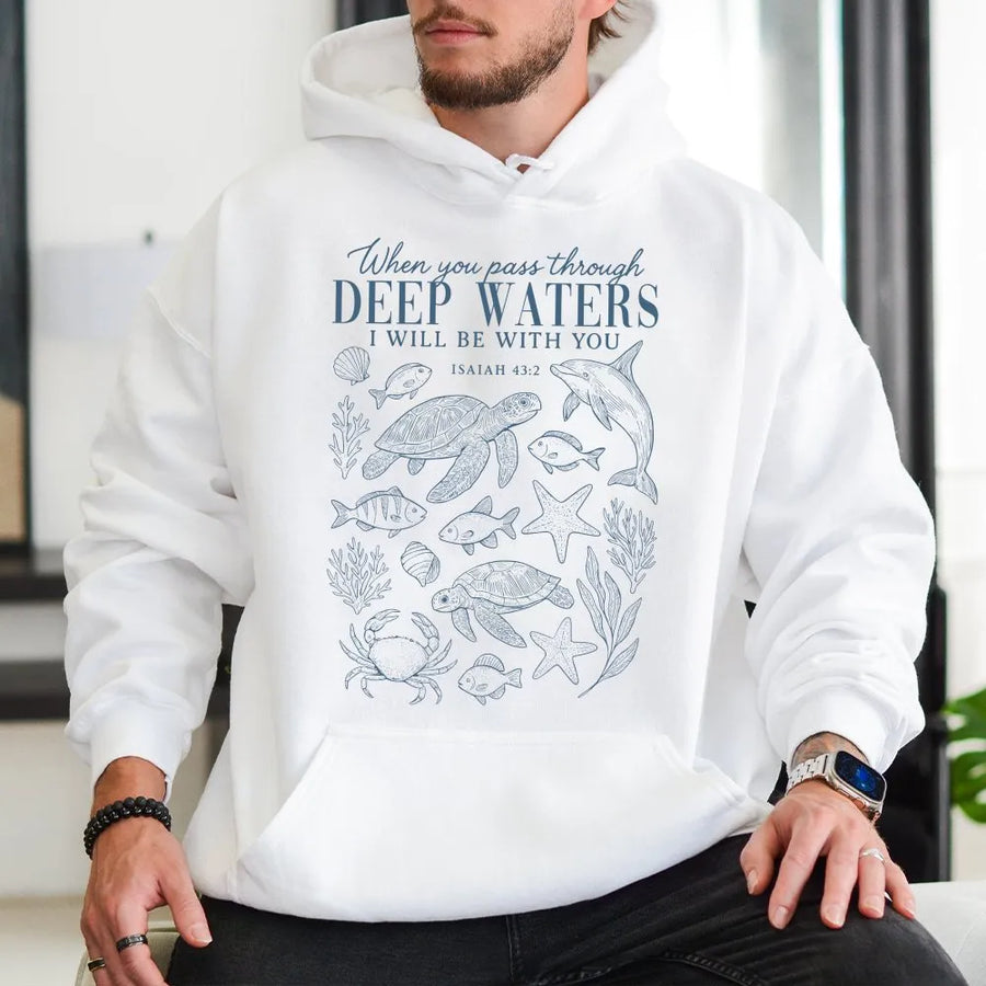 Isaiah 43:2 Hoodie | Ocean Life Bible Verse Graphic | Premium Cotton-Blend Comfort | Christian Beachy Gift for Women and Men