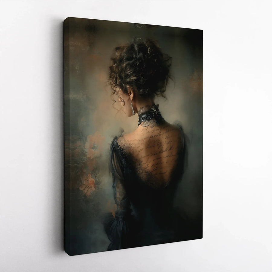 Gothic Victorian Woman Canvas Print | Moody Vintage Portrait with Script Lettering | 1.25 Inch Gallery Wrap | Elegant Dark Academia Wall Art