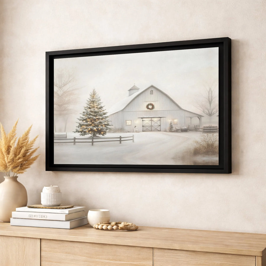 Winter Farmhouse Canvas Print | Snowy Barn Christmas Tree Scene | Gallery Wrap Premium Wall Art | Farmhouse Holiday Home Decor Gift