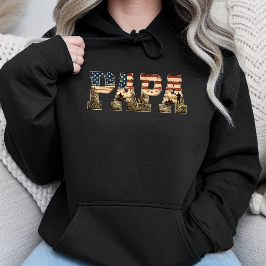 Papa Hoodie | American Flag Duck Hunting Graphic | Premium 100% Cotton Tee | Father's Day Gift for Hunter Dad