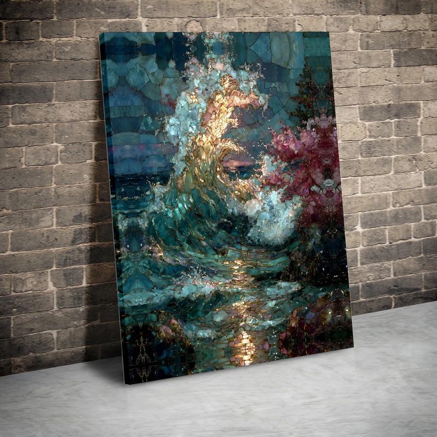 Ocean Wave Canvas Wall Art | Abstract Stained Glass Mosaic Style Print | Premium Gallery Wrapped Canvas | Modern Coastal Home Decor Gift