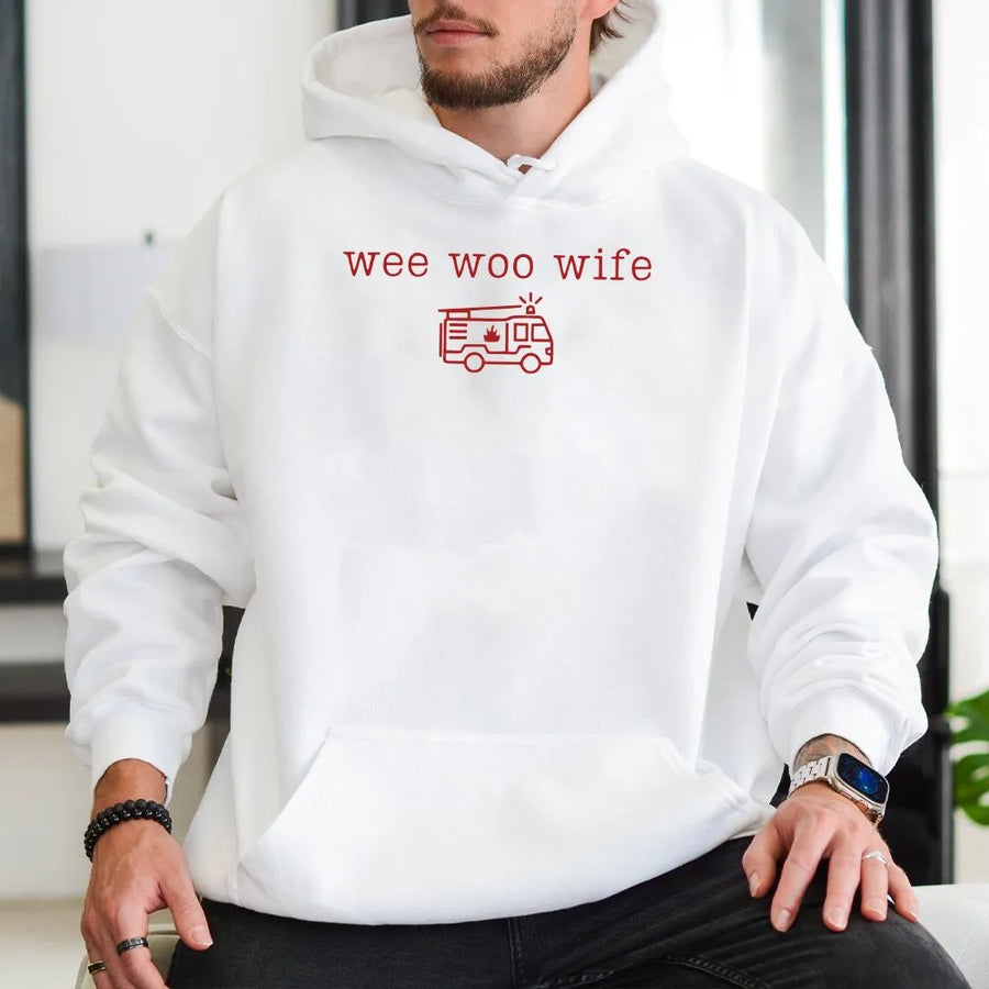 Firefighter Wife Hoodie | Funny Wee Woo Wife Sarcastic Graphic | Premium Cotton Blend | Gift for Fireman's Wife, Thin Red Line Family