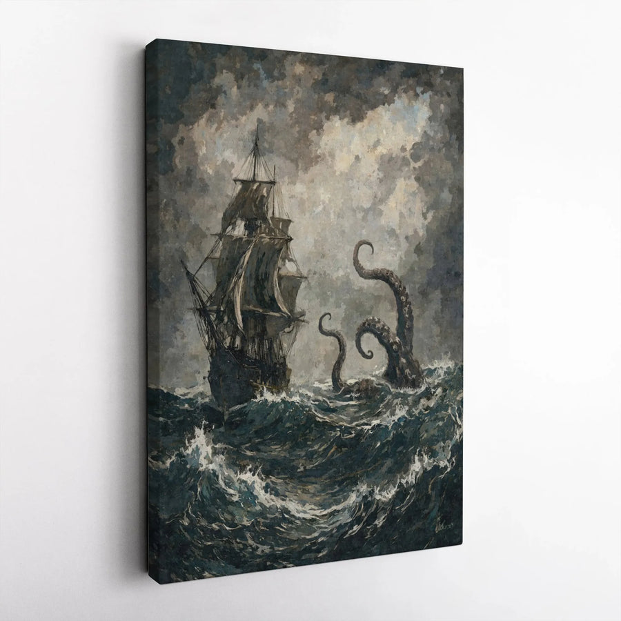 Kraken Sea Monster Canvas Art | Vintage Nautical Storm Painting | Premium Gallery-Wrapped Print | Wall Decor for Office or Living Room