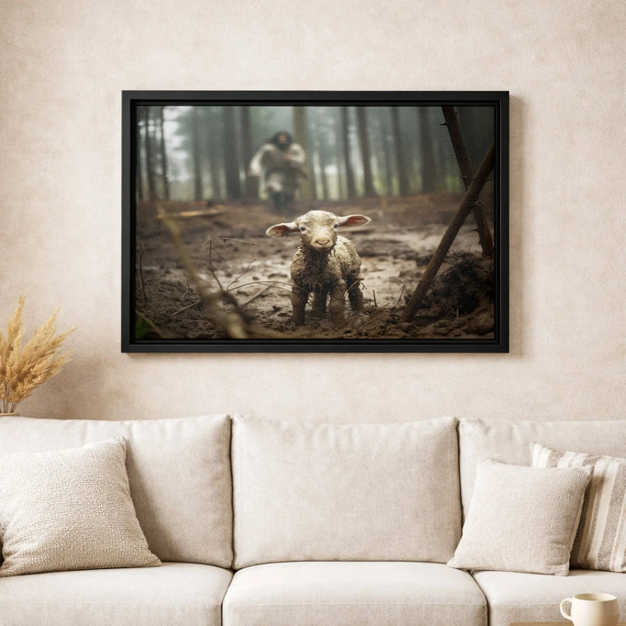 Jesus The Good Shepherd Canvas | Lost Lamb In Muddy Forest Art | 1.25 Inch Premium Gallery Wrap | Christian Home Decor Wall Art