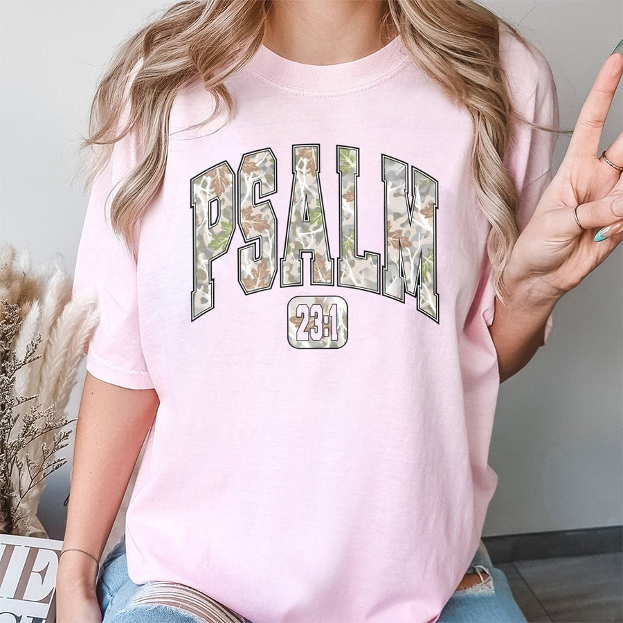 Psalm 23:1 T-Shirt | Camo Varsity Letter Graphic | Premium 100% Cotton Comfort | Christian Faith Gift for Him & Her