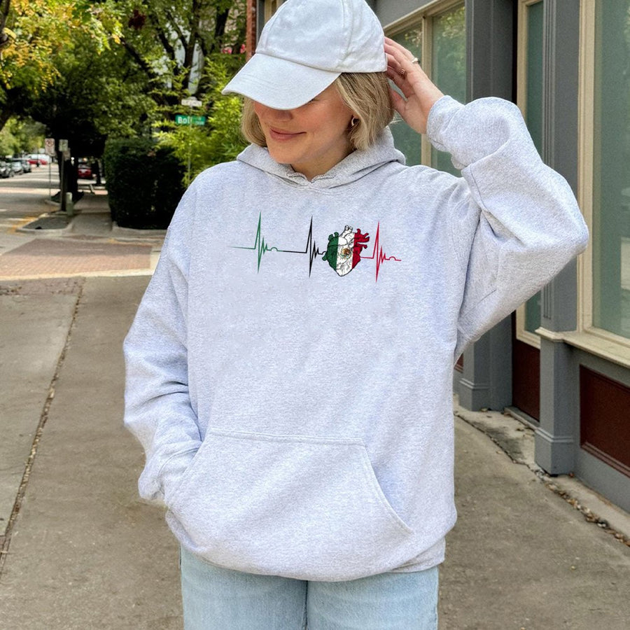 Mexico Flag Heartbeat Hoodie | Mexican Heart EKG Pulse Design | Premium Cotton-Blend | Mexican Pride Gift for Men and Women