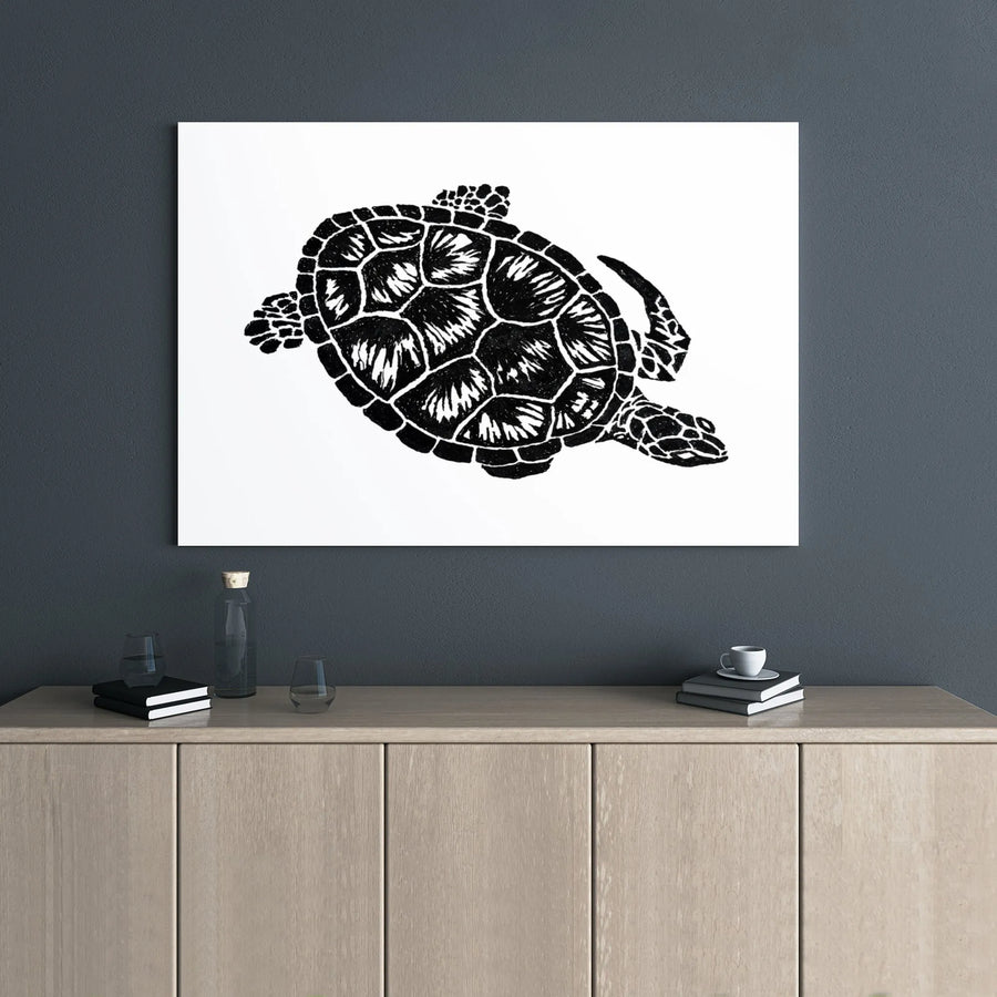Sea Turtle Wall Art | Minimalist Linocut Print | Premium Gallery Wrap Canvas | Coastal Ocean Decor for Beach House Living