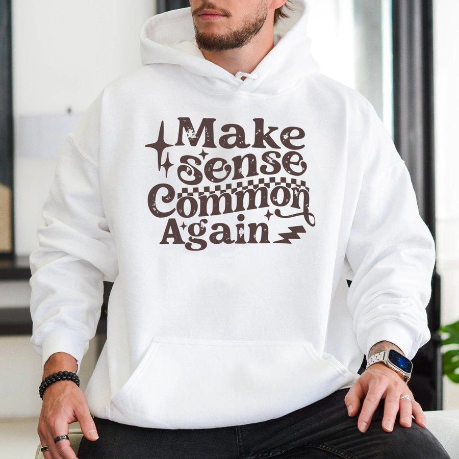 Make Sense Common Again Hoodie | Retro Groovy Typography Sweatshirt | Cotton-Polyester Blend | Trendy Gift For Friends And Family